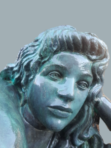 Detail van het gezicht van beeld "De Zee", bijnaam Dikke Mathilde uit Oostende